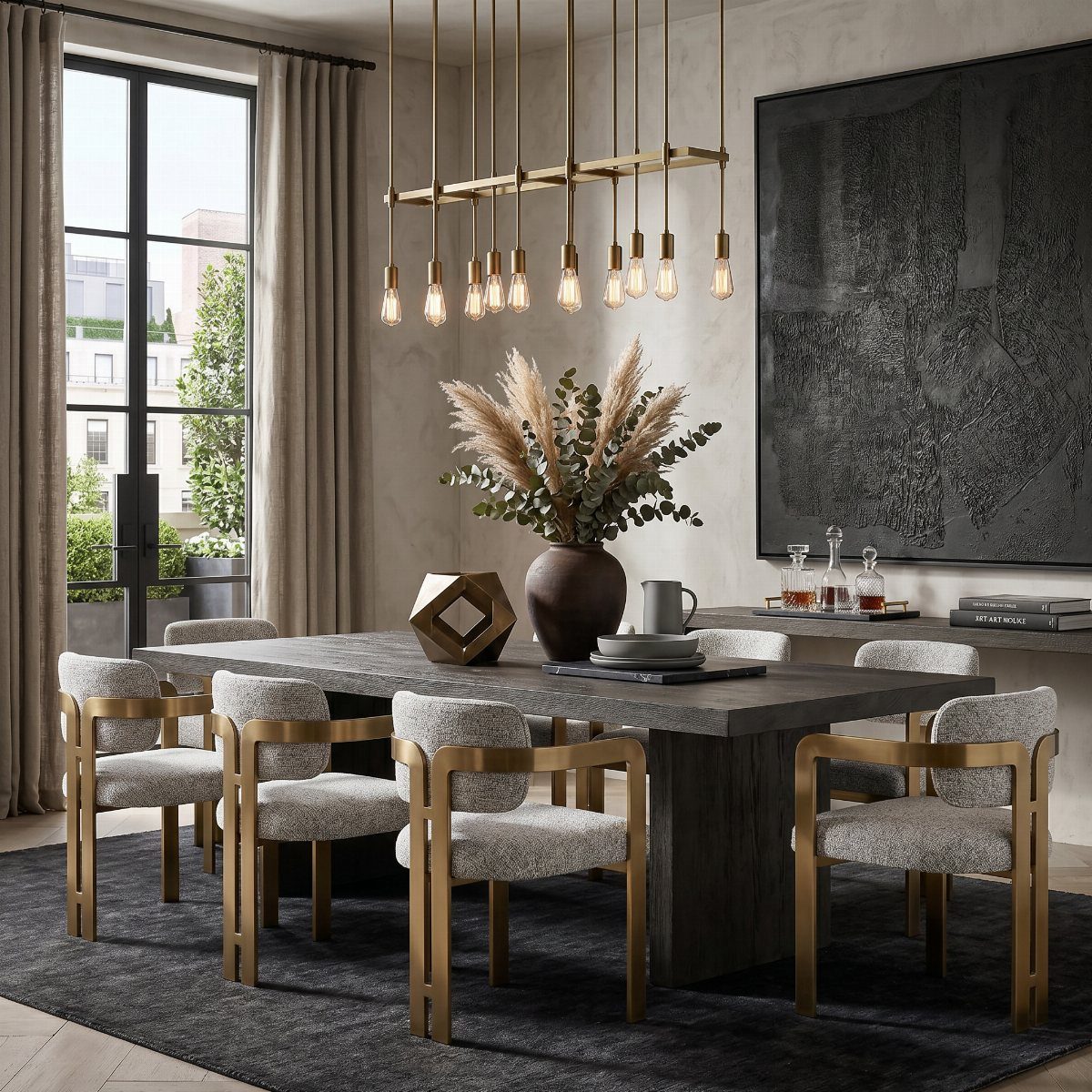 13 Modern Elegant Dining Room Ideas with Photos 13 Modern dining room with gold-framed chairs, dark wood table, and geometric gold lighting.