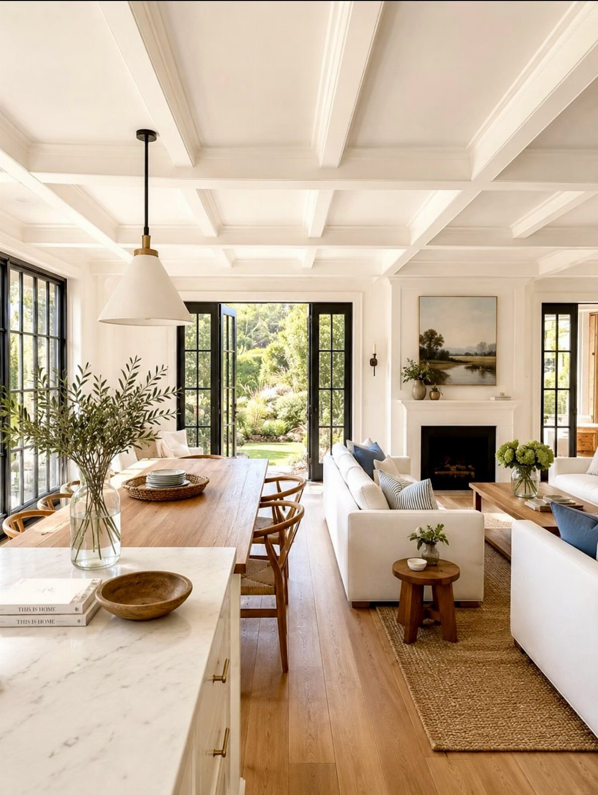 13 Modern Elegant Dining Room Ideas with Photos 1 Wooden dining table positioned next to large black-framed windows in a bright room.