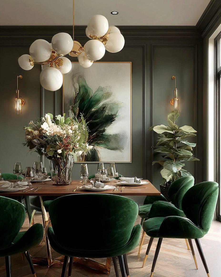 13 Modern Elegant Dining Room Ideas with Photos 8 Dining room with green velvet chairs, wooden table, and a large potted plant.