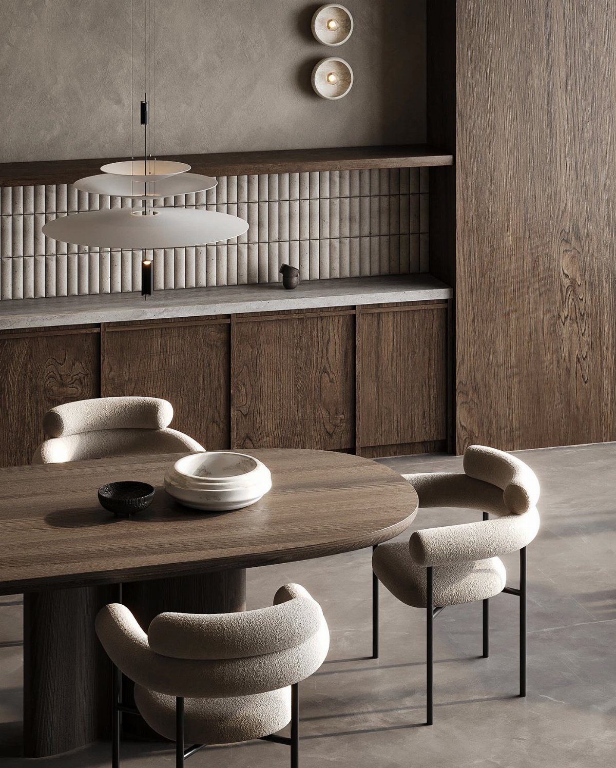 13 Modern Elegant Dining Room Ideas with Photos 12 Oval wooden dining table with cream bouclé chairs and tiered white pendant lighting.