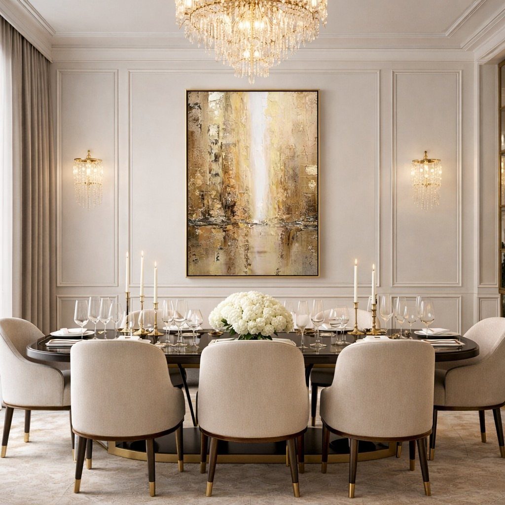 13 Modern Elegant Dining Room Ideas with Photos 7 Elegant dining room with a dark oval table, white flowers, and large abstract art.