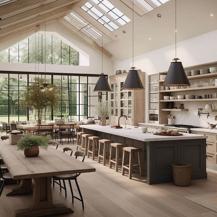 Modern farmhouse dining area and kitchen with vaulted ceilings and large windows.