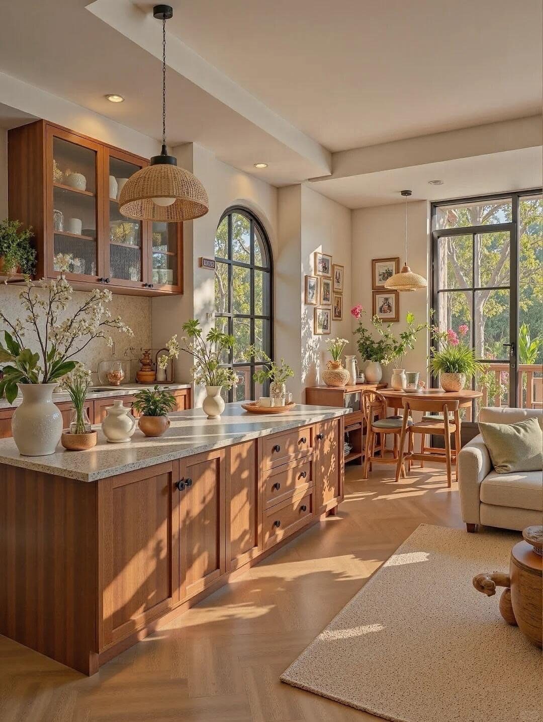 Modern farmhouse dining area and kitchen with wooden furniture and large arched windows.