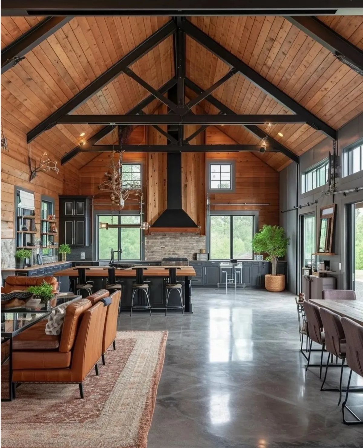 Vaulted ceiling with dark black exposed beams and natural wood planks in a room.