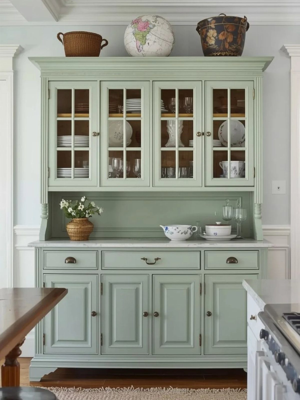 Sage green hutch with glass cabinets and marble top in a bright room.