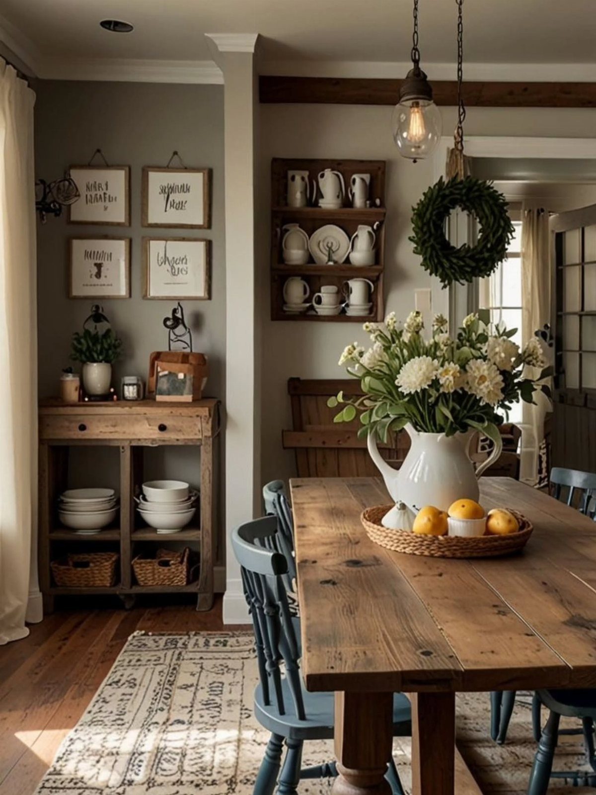 Rustic wooden dining table with blue chairs and white flowers in a farmhouse room.
