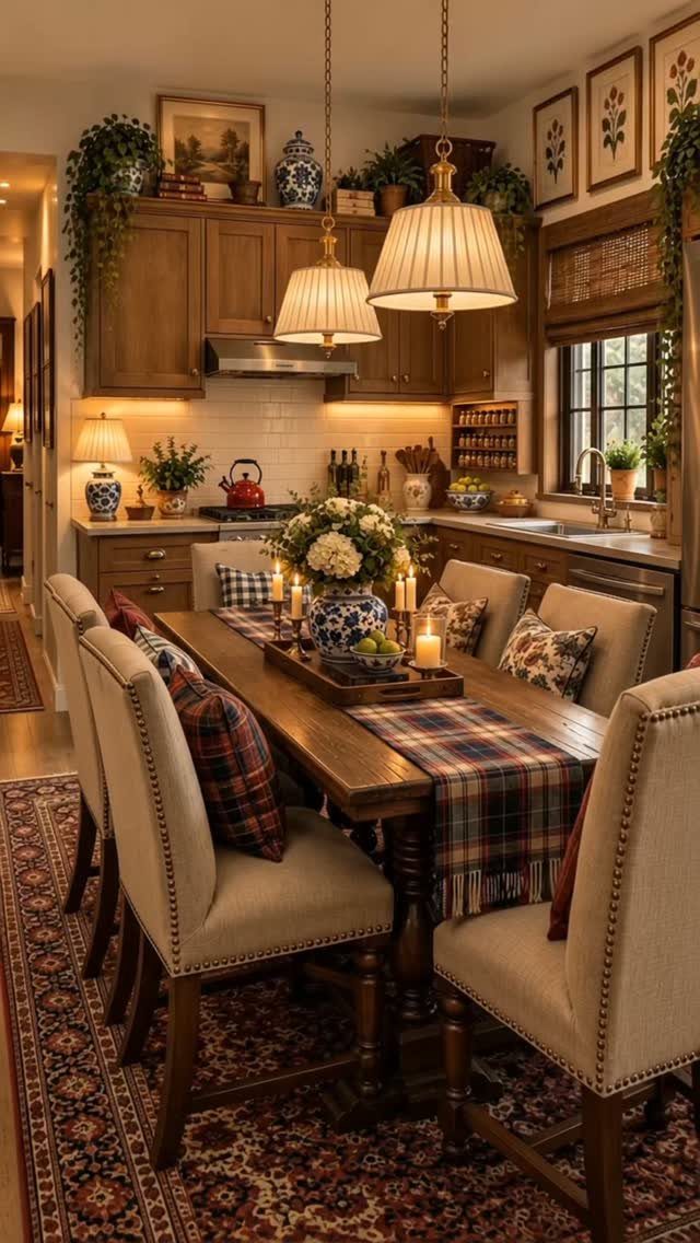 Wooden dining table with beige chairs and plaid runner in a rustic kitchen setting