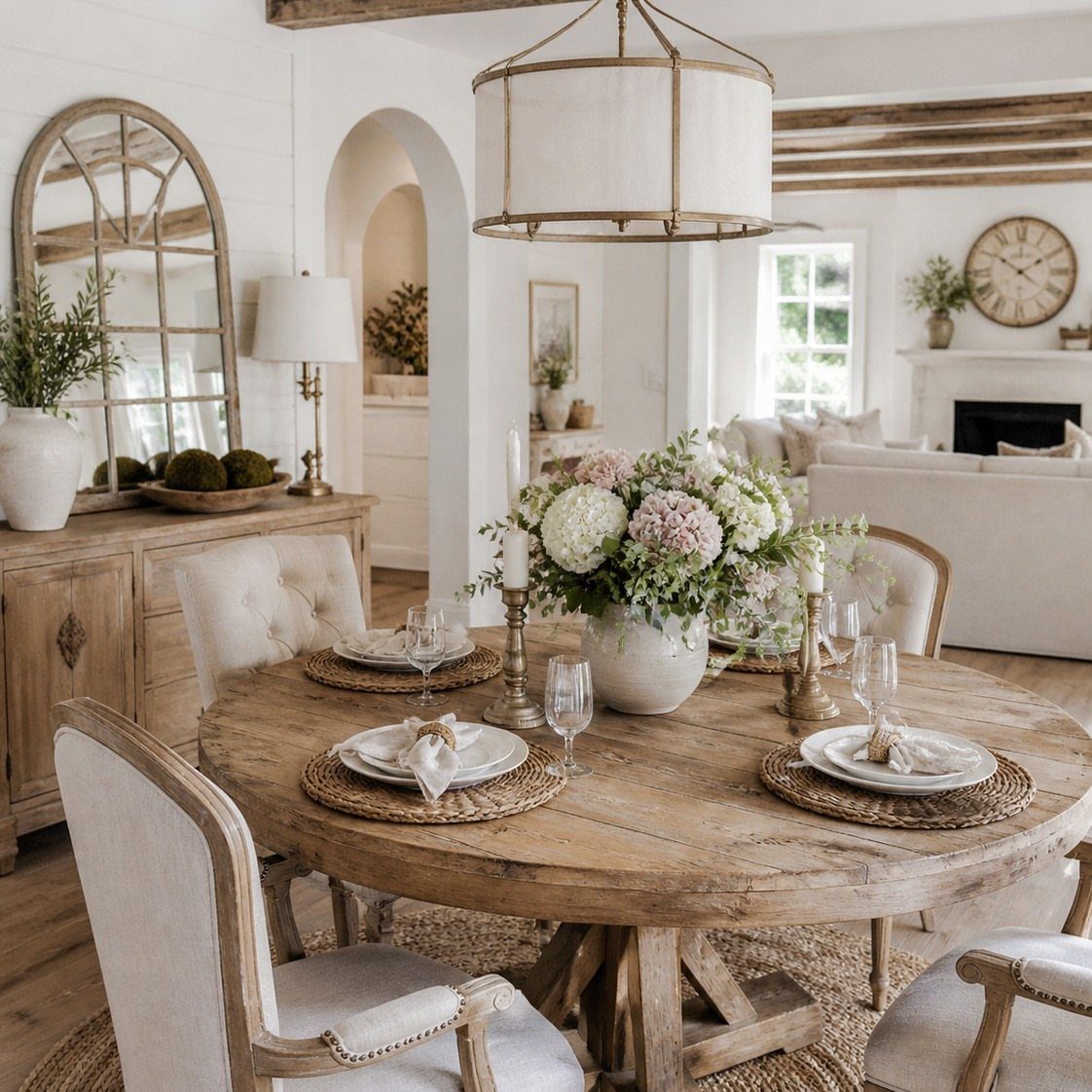 Round wooden dining table with cream upholstered chairs in a bright white room.