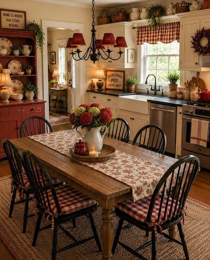 14 Modern Farmhouse Dining Room Ideas with Style 11 Wooden dining table with black Windsor chairs and red checkered cushions in farmhouse kitchen
