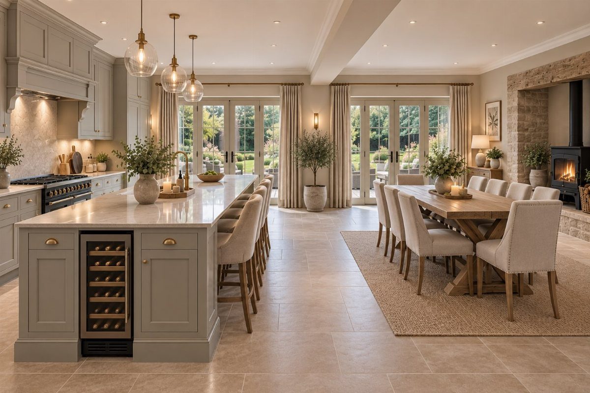 14 Modern Farmhouse Dining Room Ideas with Style 7 Open concept kitchen and dining area with grey cabinetry and wooden dining table.