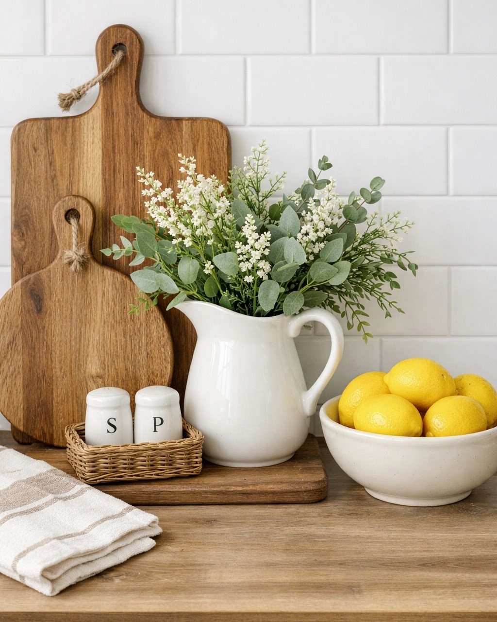 14 Modern Farmhouse Dining Room Ideas with Style 9 White pitcher with green foliage and white flowers on a wooden countertop.