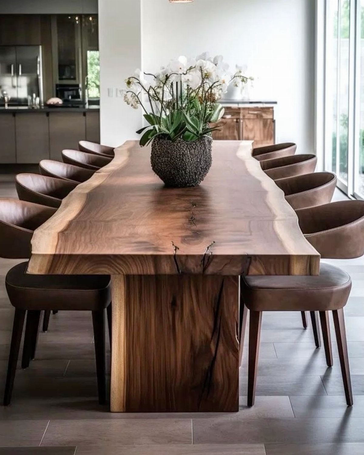 14 Modern Farmhouse Dining Room Ideas with Style 1 Live-edge wooden dining table with brown leather chairs and white orchids in vase.