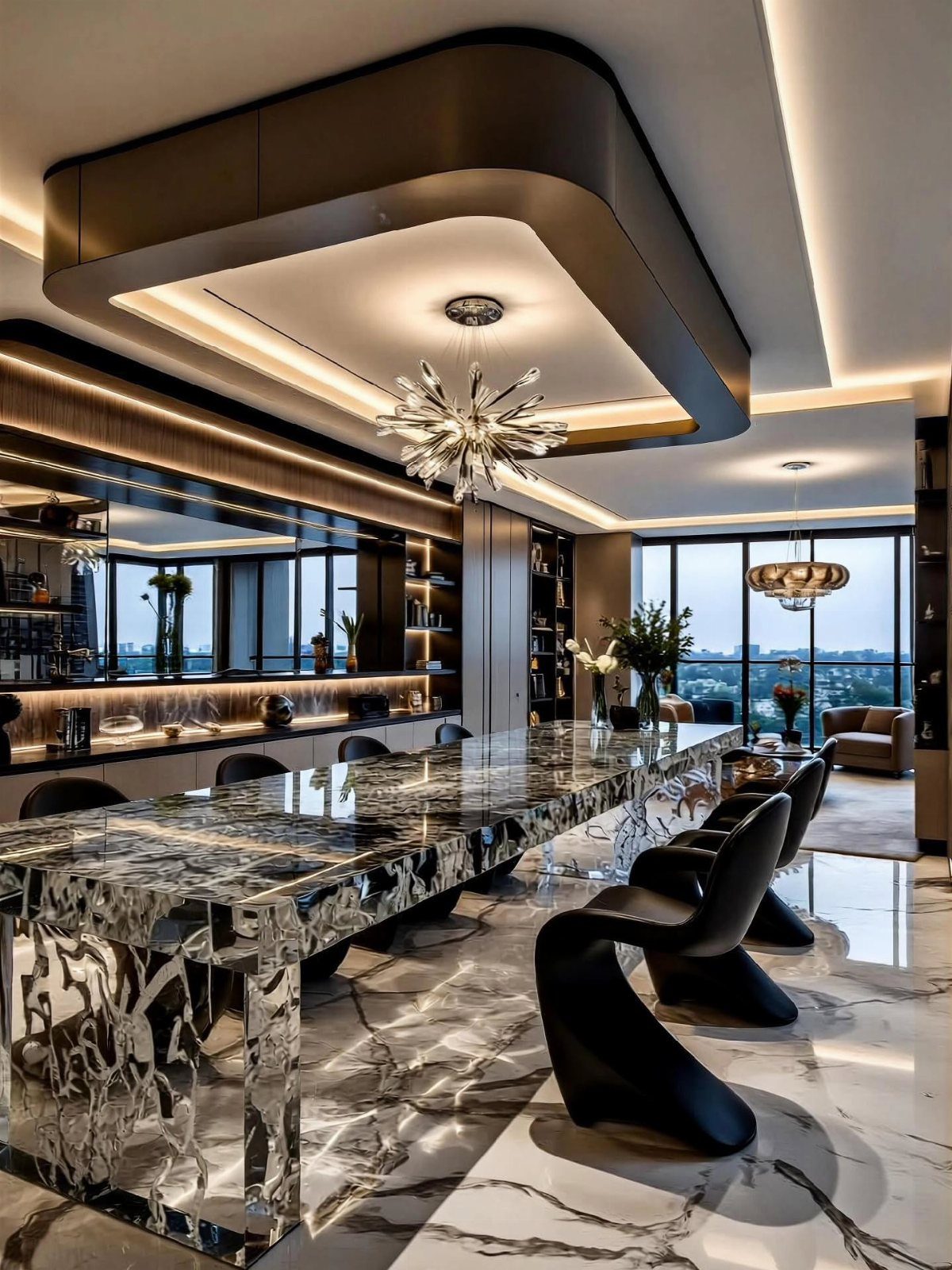 23 Modern Luxury Dining Room Ideas with Photos 19 Luxury dining room with a black marble table, sculptural chairs, and city views.