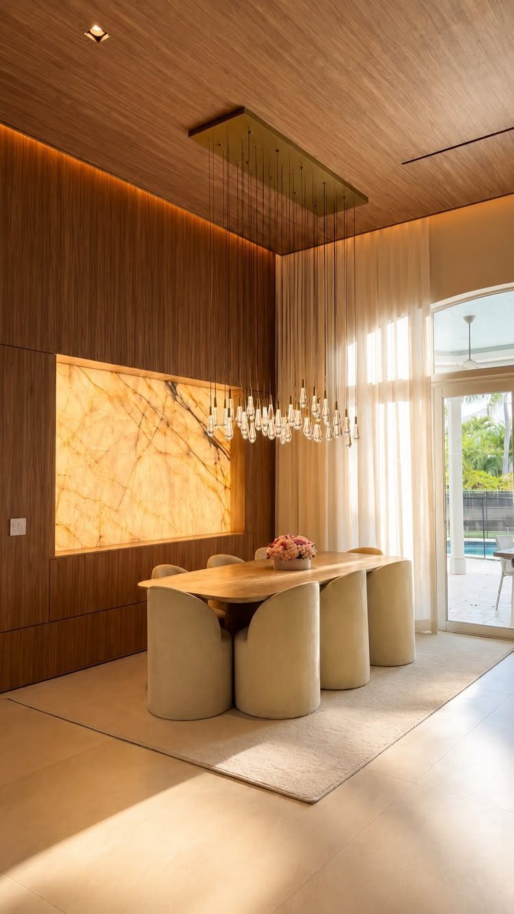 23 Modern Luxury Dining Room Ideas with Photos 6 Luxury dining room with curved cream chairs, wooden table, and backlit onyx wall panel.