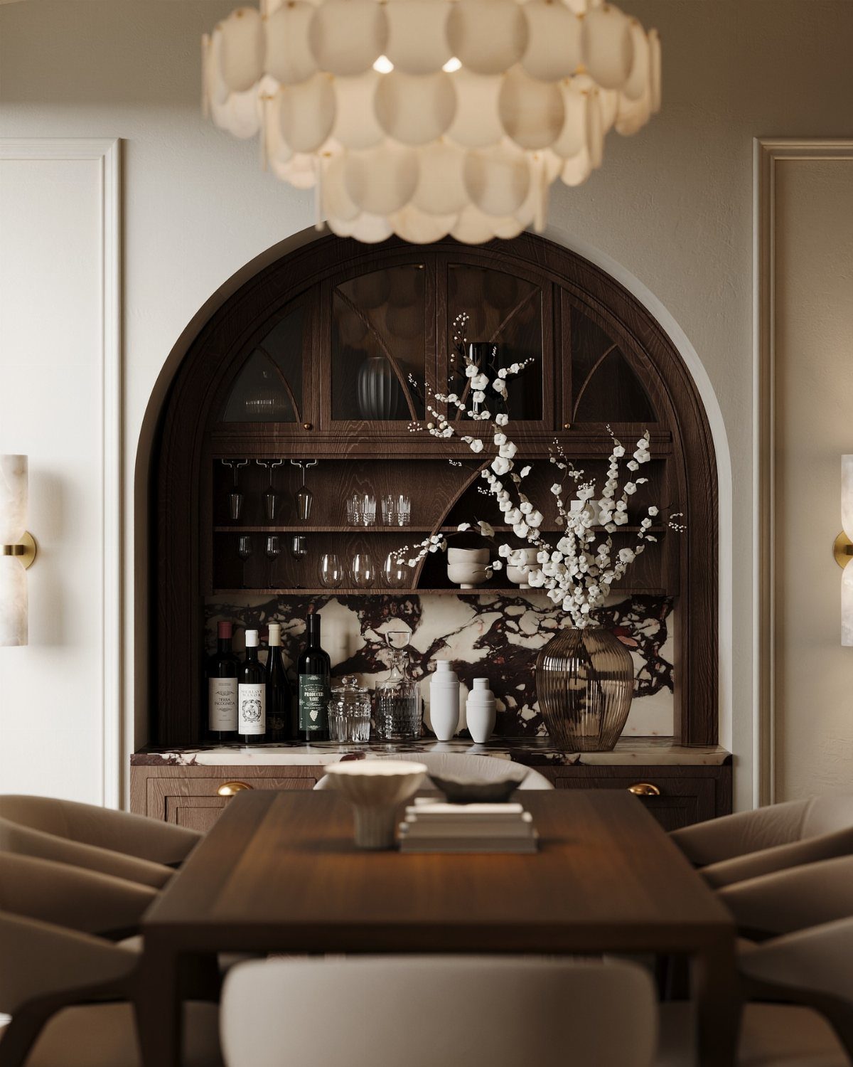 23 Modern Luxury Dining Room Ideas with Photos 21 Luxury dining room with dark wood table, white sculptural chandelier, and arched hutch.