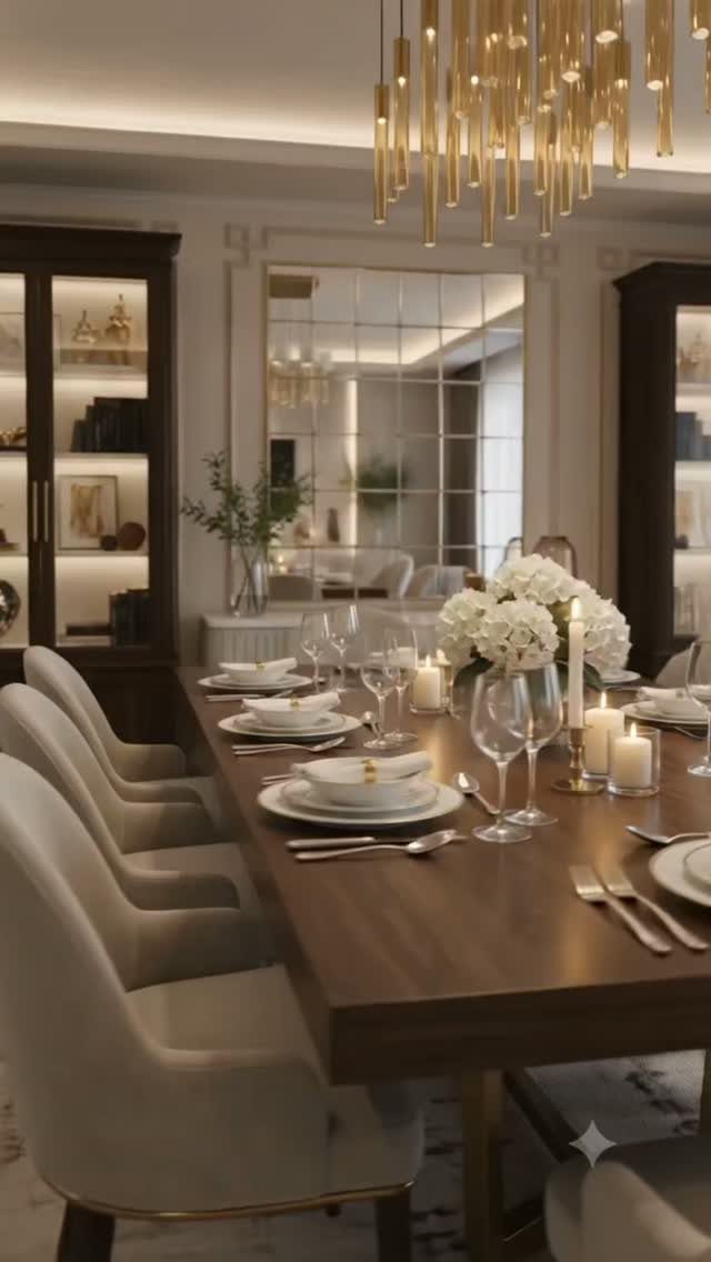 23 Modern Luxury Dining Room Ideas with Photos 5 Elegant dining room with a dark wood table, beige chairs, and gold chandelier.
