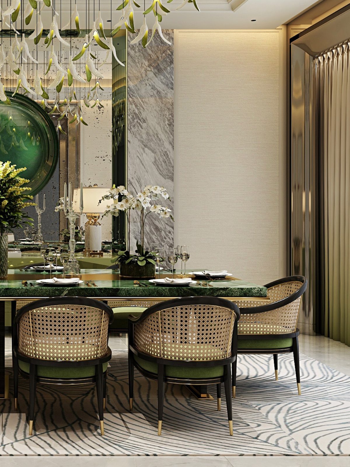 23 Modern Luxury Dining Room Ideas with Photos 22 Luxury dining room with green marble table, cane chairs, and floral chandelier.