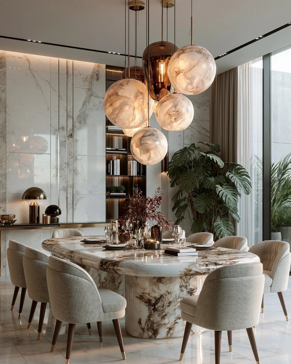 23 Modern Luxury Dining Room Ideas with Photos 4 Polished marble dining table with textured grey chairs and glowing spherical pendant lights.