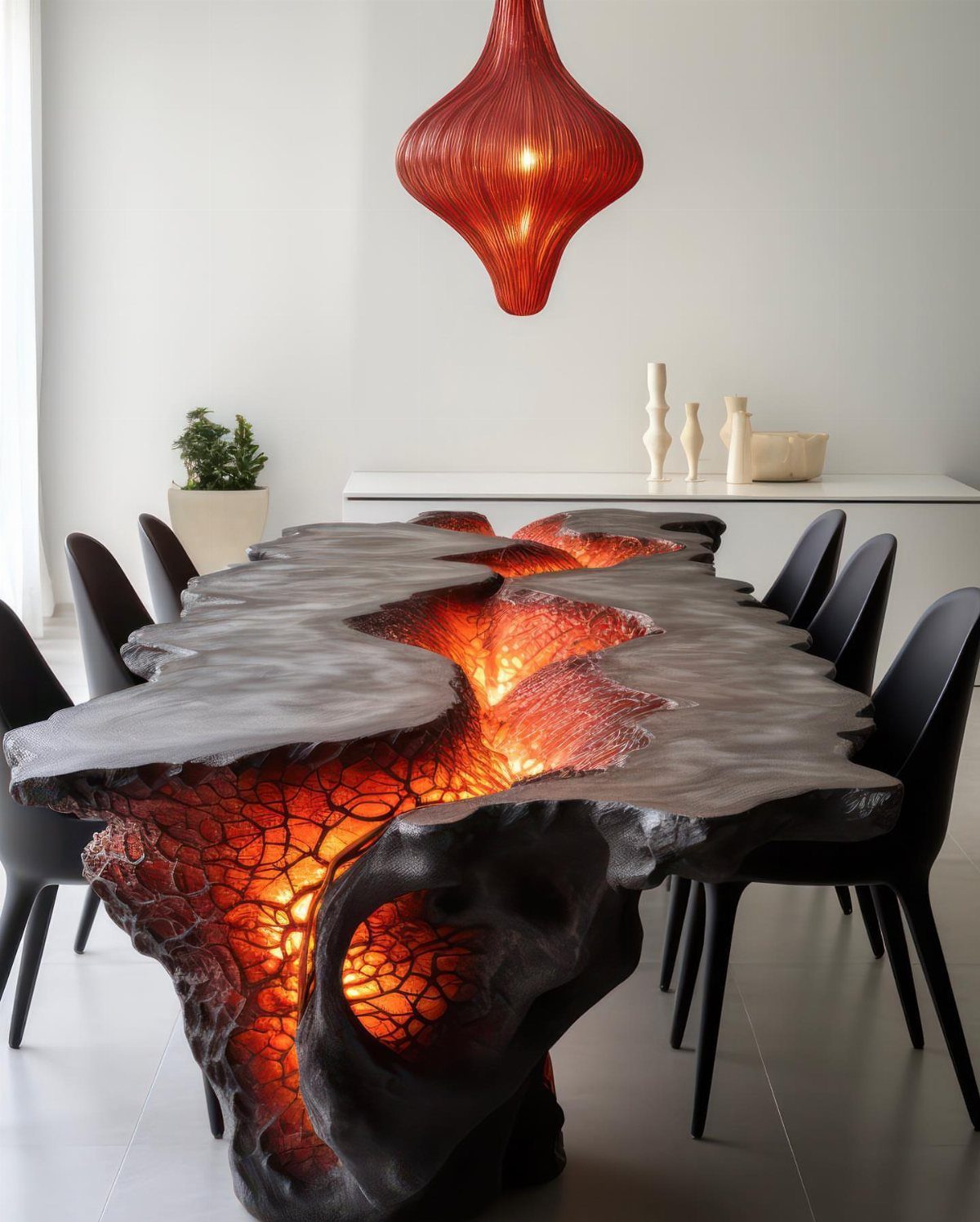 23 Modern Luxury Dining Room Ideas with Photos 20 Organic black dining table with glowing orange interior and red sculptural pendant light.