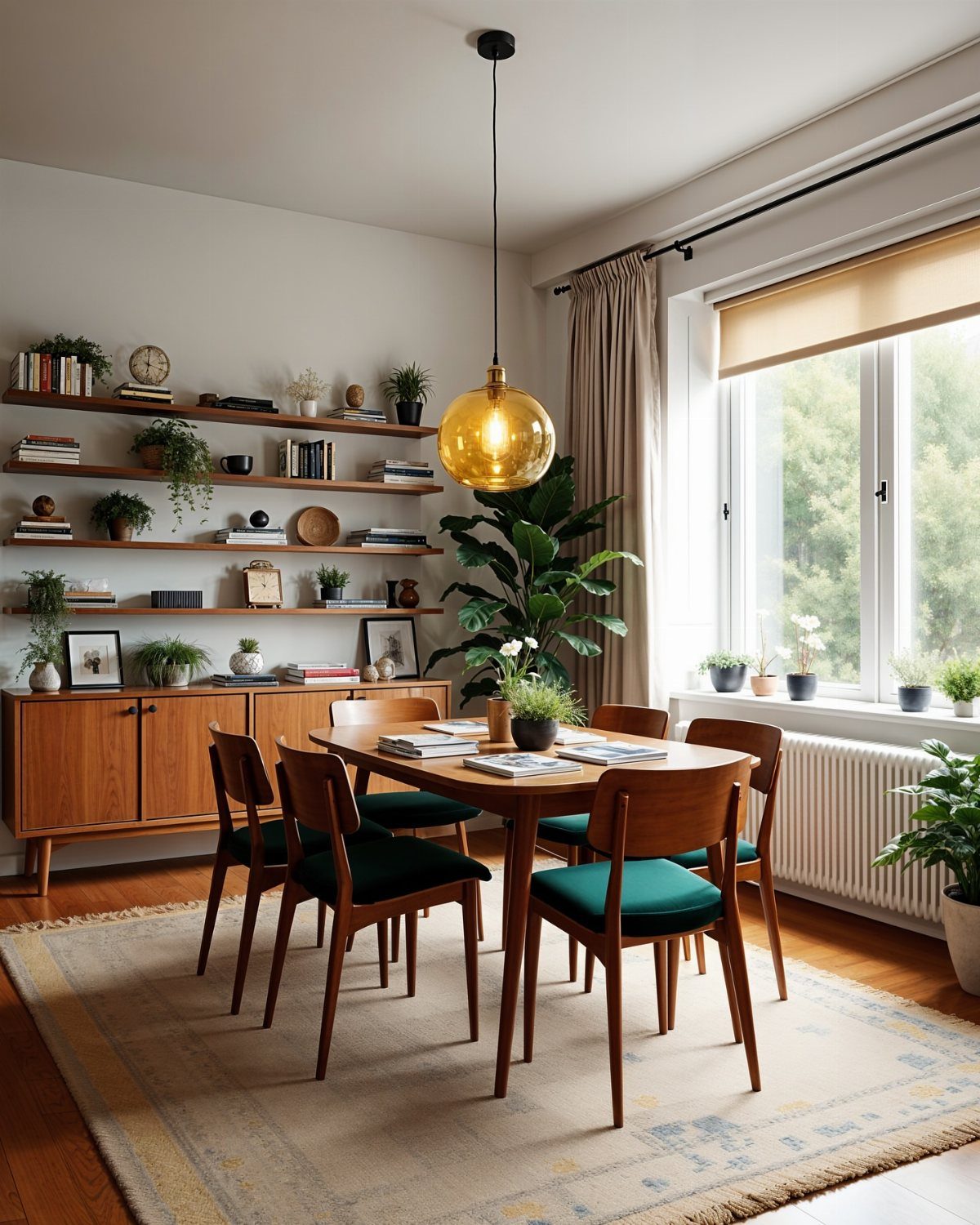 23 Modern Luxury Dining Room Ideas with Photos 9 Wooden dining table and teal chairs in a mid-century modern room with shelving.