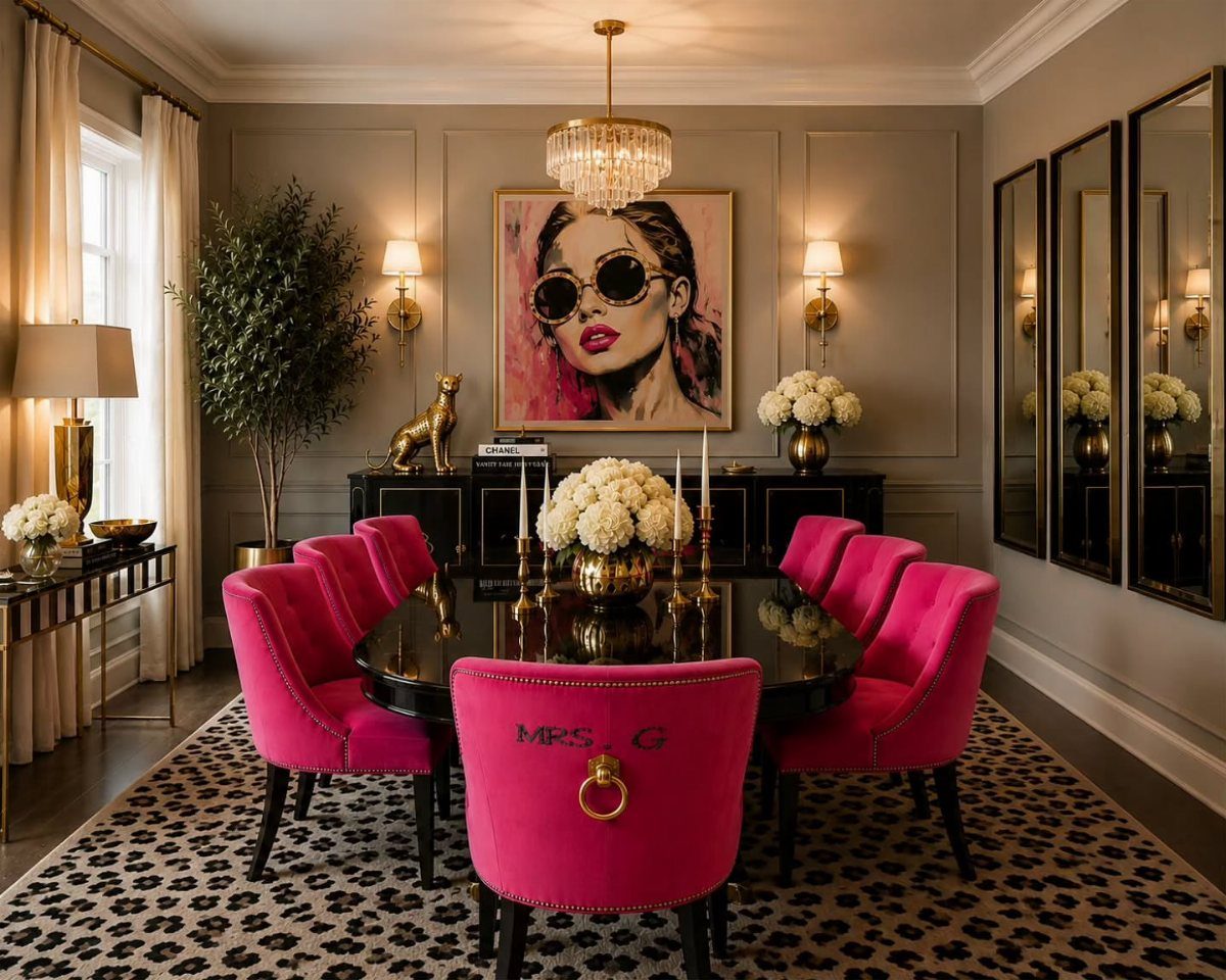 23 Modern Luxury Dining Room Ideas with Photos 2 Luxury dining room with pink velvet chairs, leopard print rug, and crystal chandelier.