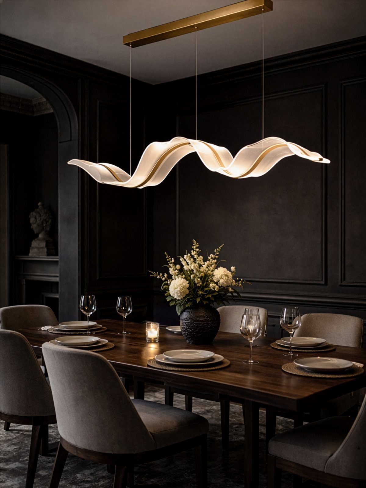 23 Modern Luxury Dining Room Ideas with Photos 17 Modern luxury dining room with dark walls, wooden table, and wavy white chandelier.
