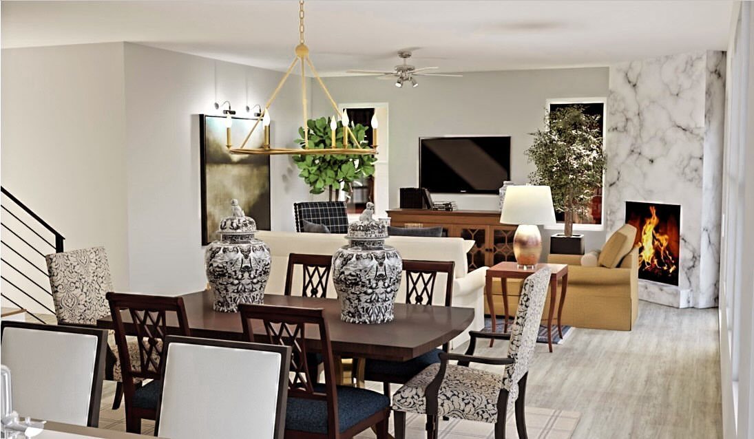 23 Modern Luxury Dining Room Ideas with Photos 8 Dining area with dark wood table and gold chandelier in open-plan living room