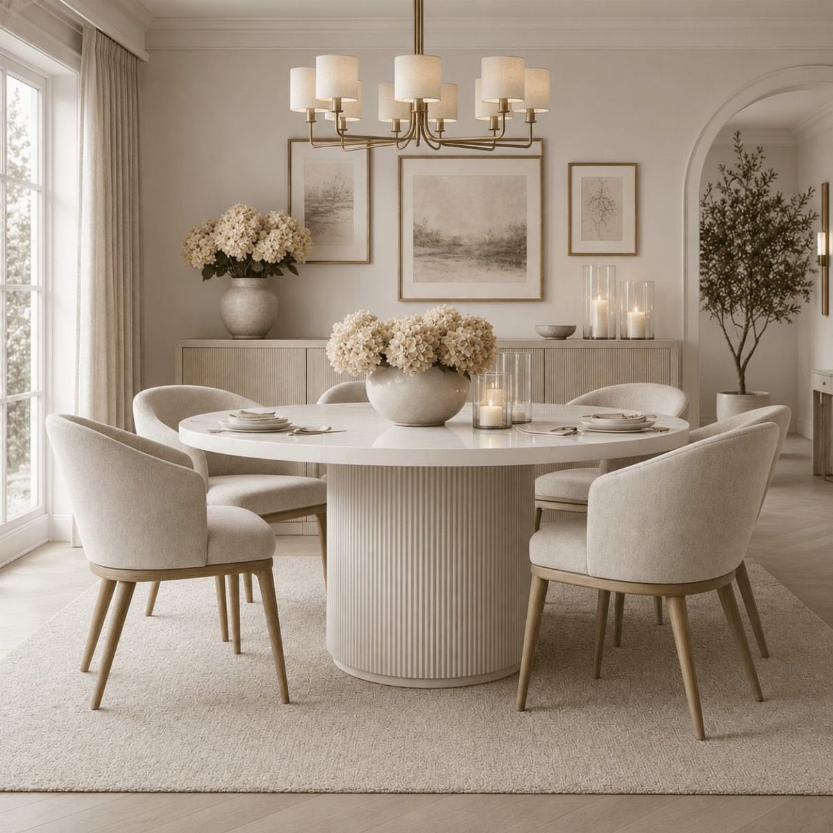 23 Modern Luxury Dining Room Ideas with Photos 1 Round white fluted dining table with cream chairs in a bright minimalist room.