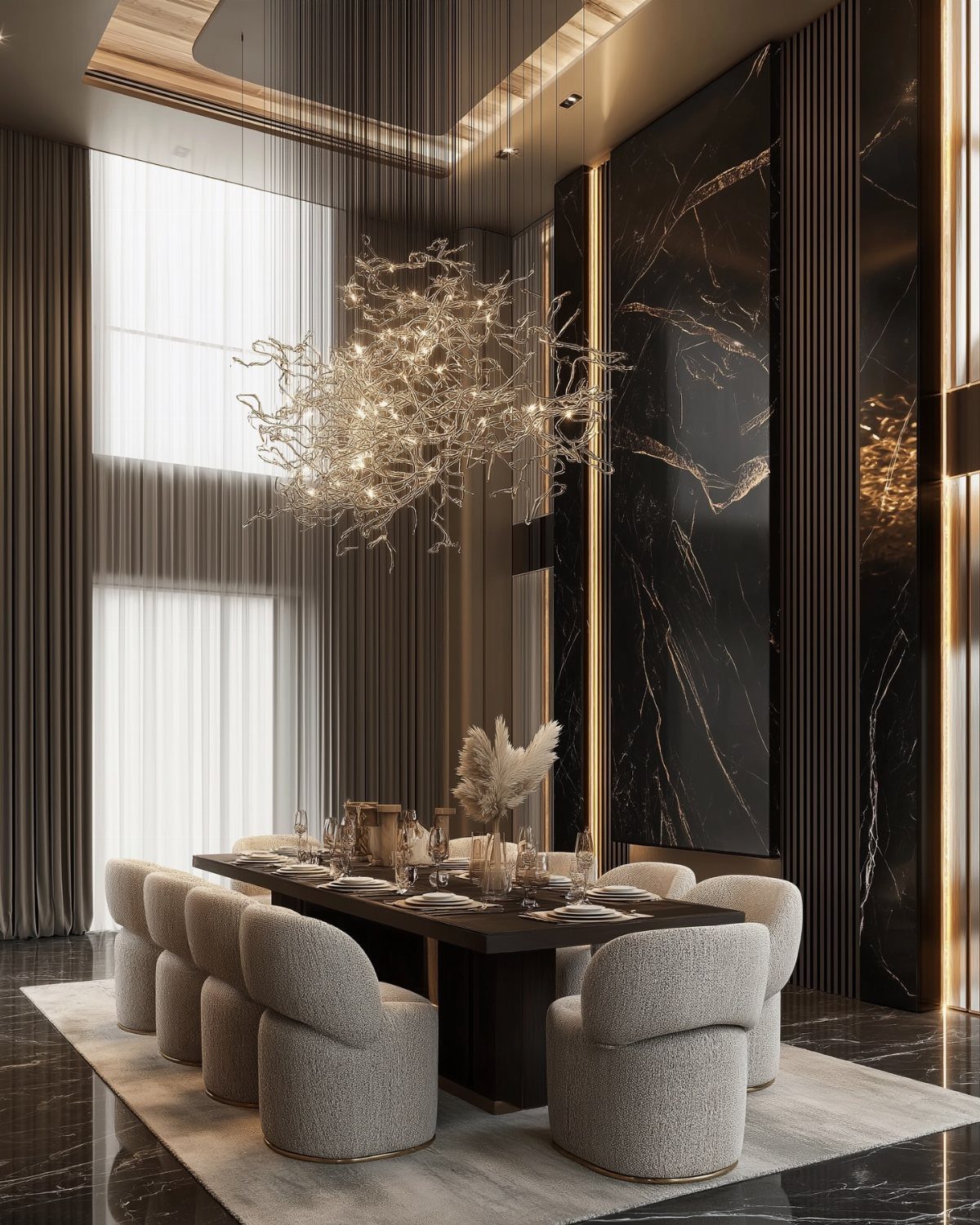 23 Modern Luxury Dining Room Ideas with Photos 3 Luxury dining room with a large sculptural branch chandelier and curved bouclé chairs.