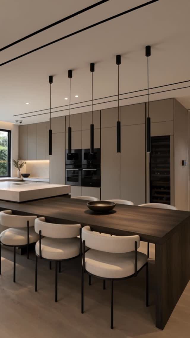 Dark wood dining table with white chairs in a minimalist modern kitchen setting.