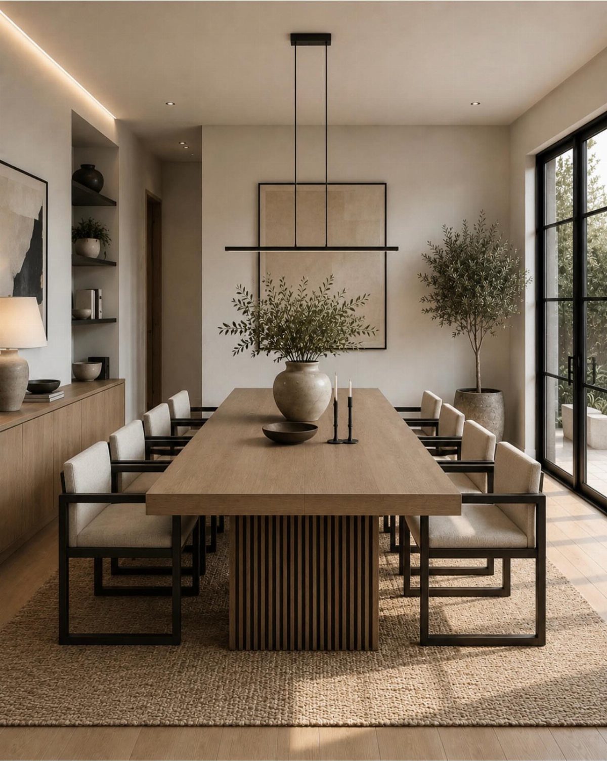 Light wood dining table with white chairs on a textured rug in minimalist room