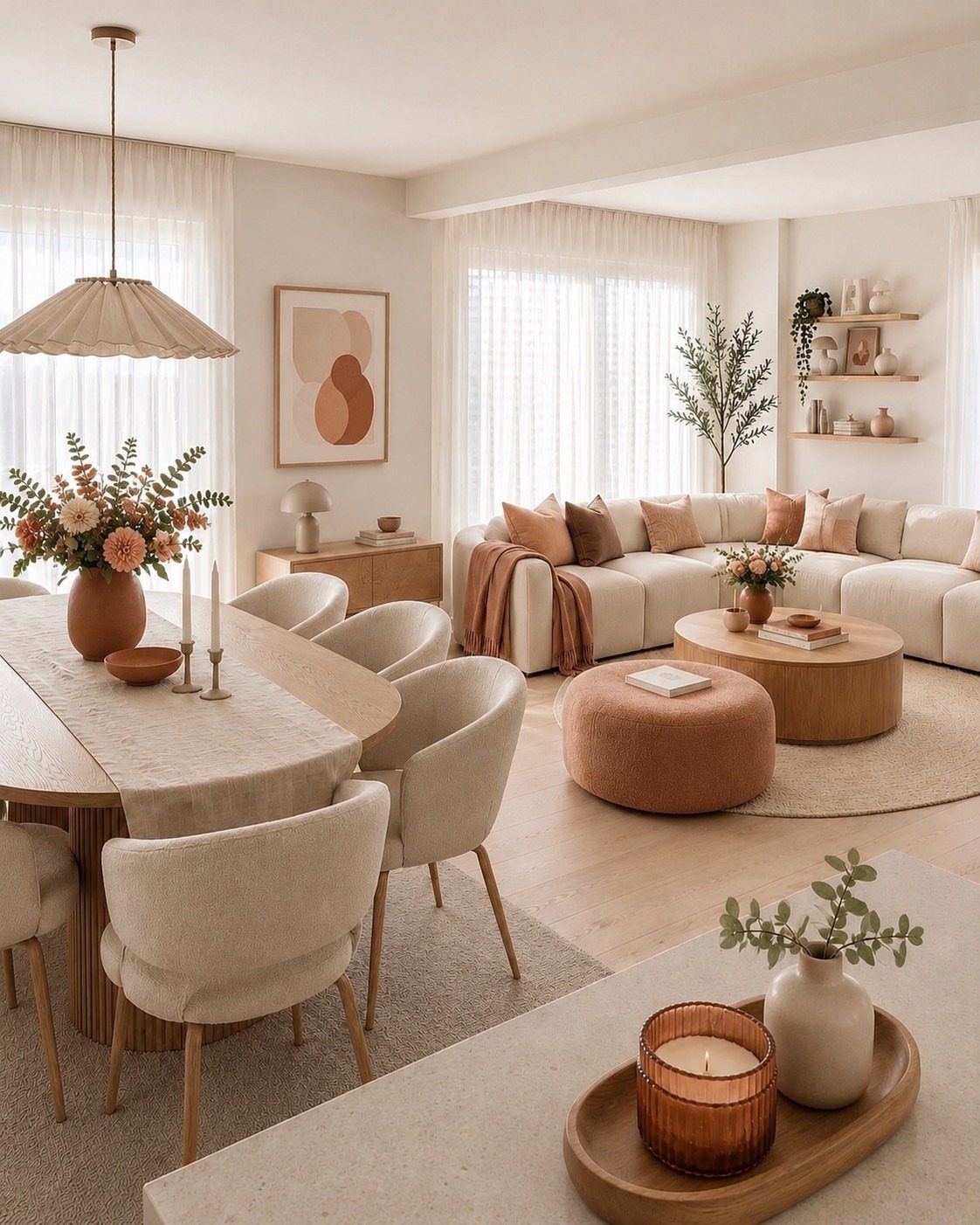 Neutral toned dining and living area with cream furniture and light wood accents