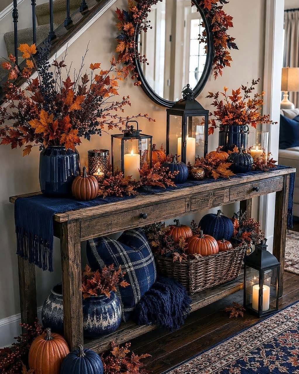 7 Navy Blue Fall Decor Ideas for a Cozy Seasonal Home 2 Autumn decorated wooden console table with navy blue runner, pumpkins, and orange foliage.