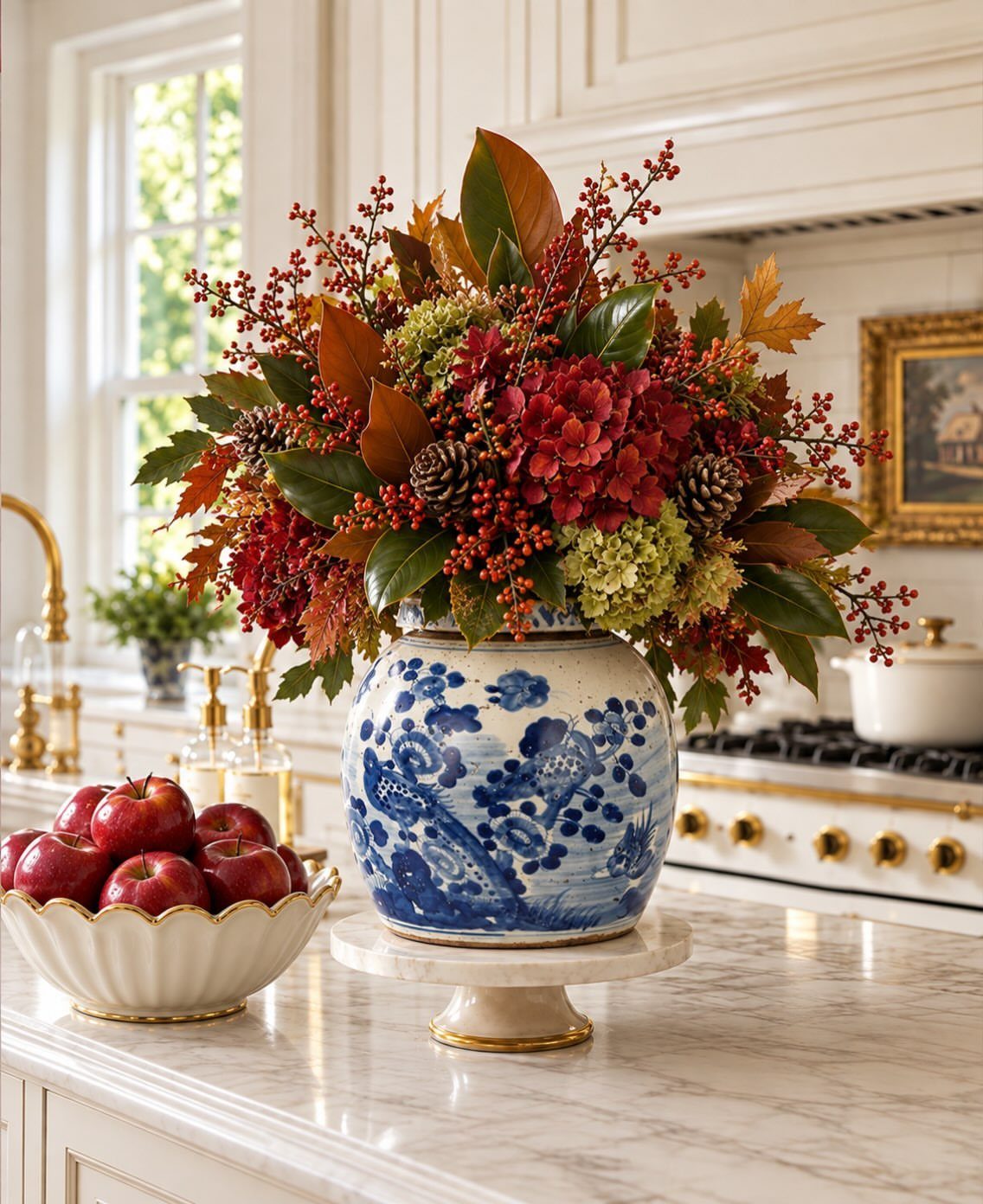 7 Navy Blue Fall Decor Ideas for a Cozy Seasonal Home 4 Autumn floral arrangement with red flowers and berries in a blue porcelain vase.