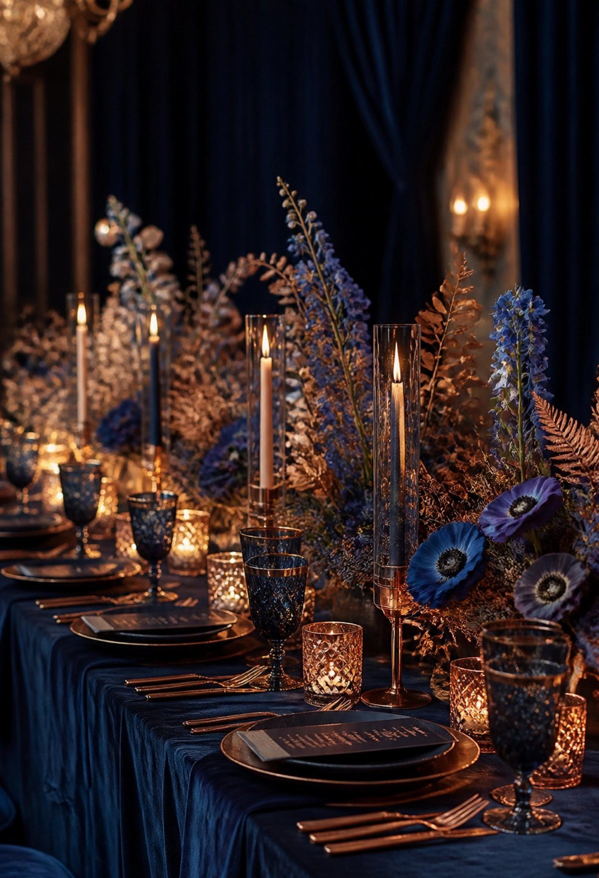 7 Navy Blue Fall Decor Ideas for a Cozy Seasonal Home 3 Navy blue table setting with copper-toned florals, blue glassware, and tall candles.