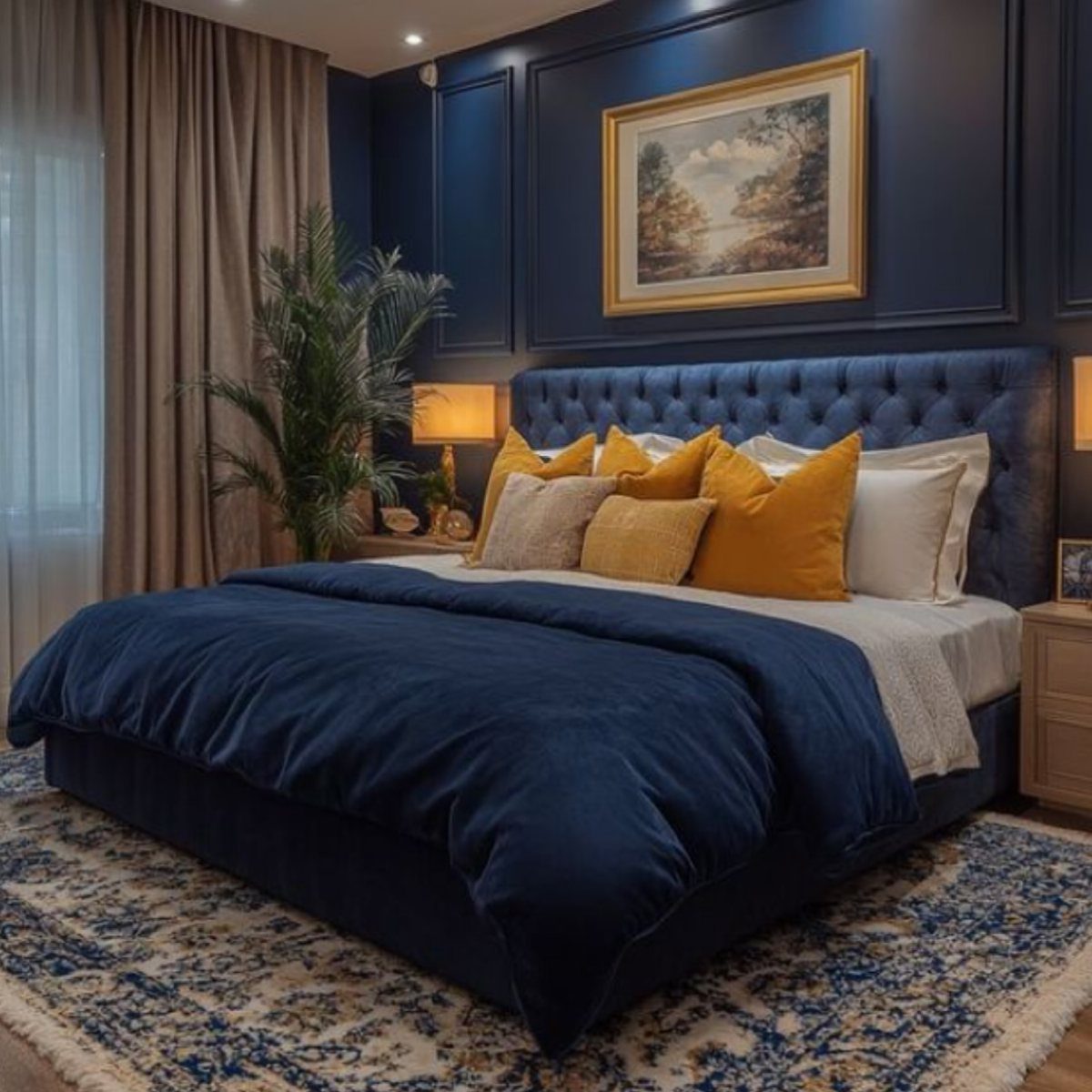 7 Navy Blue Fall Decor Ideas for a Cozy Seasonal Home 7 Navy blue bedroom with mustard yellow accent pillows and gold framed wall art.