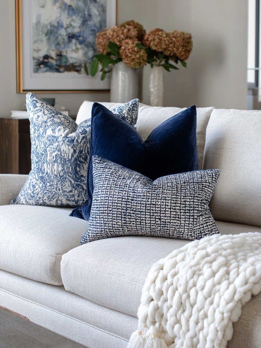 7 Navy Blue Fall Decor Ideas for a Cozy Seasonal Home 5 Navy blue velvet pillow and patterned cushions on a light gray sofa with throw blanket
