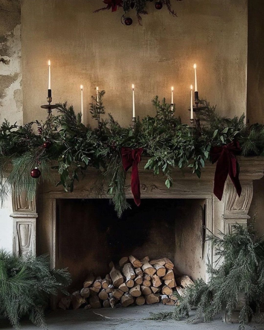 10 Neutral Color Christmas Decor Ideas for a Cozy Home 10 Fireplace mantel with green garland, red ribbons, lit candles, and stacked wooden logs.