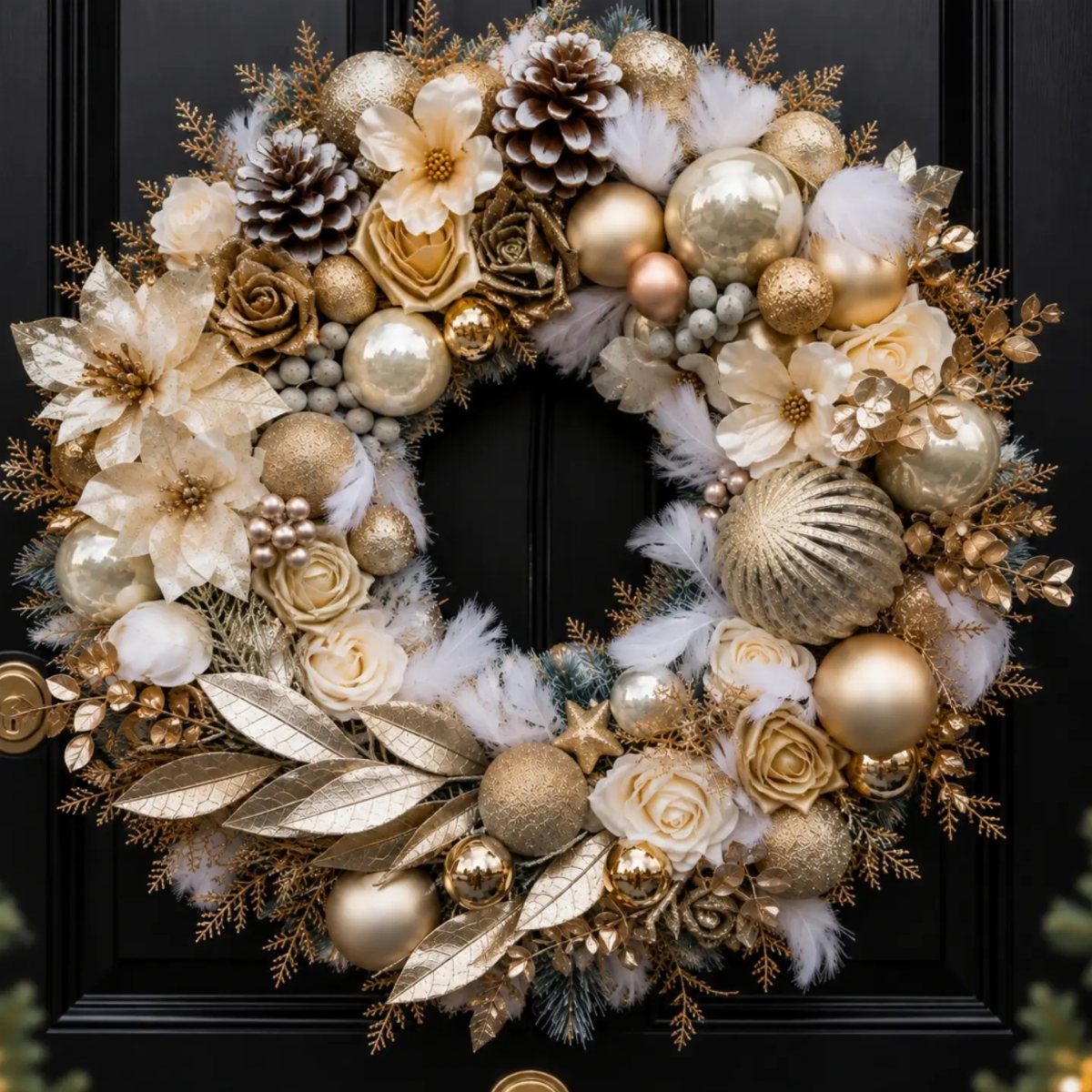 10 Neutral Color Christmas Decor Ideas for a Cozy Home 7 Gold and cream Christmas wreath with ornaments and flowers on a black door