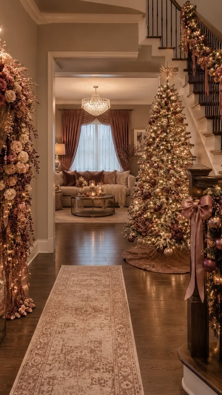10 Neutral Color Christmas Decor Ideas for a Cozy Home 1 Christmas decorated living room with a gold tree and neutral beige and cream tones.