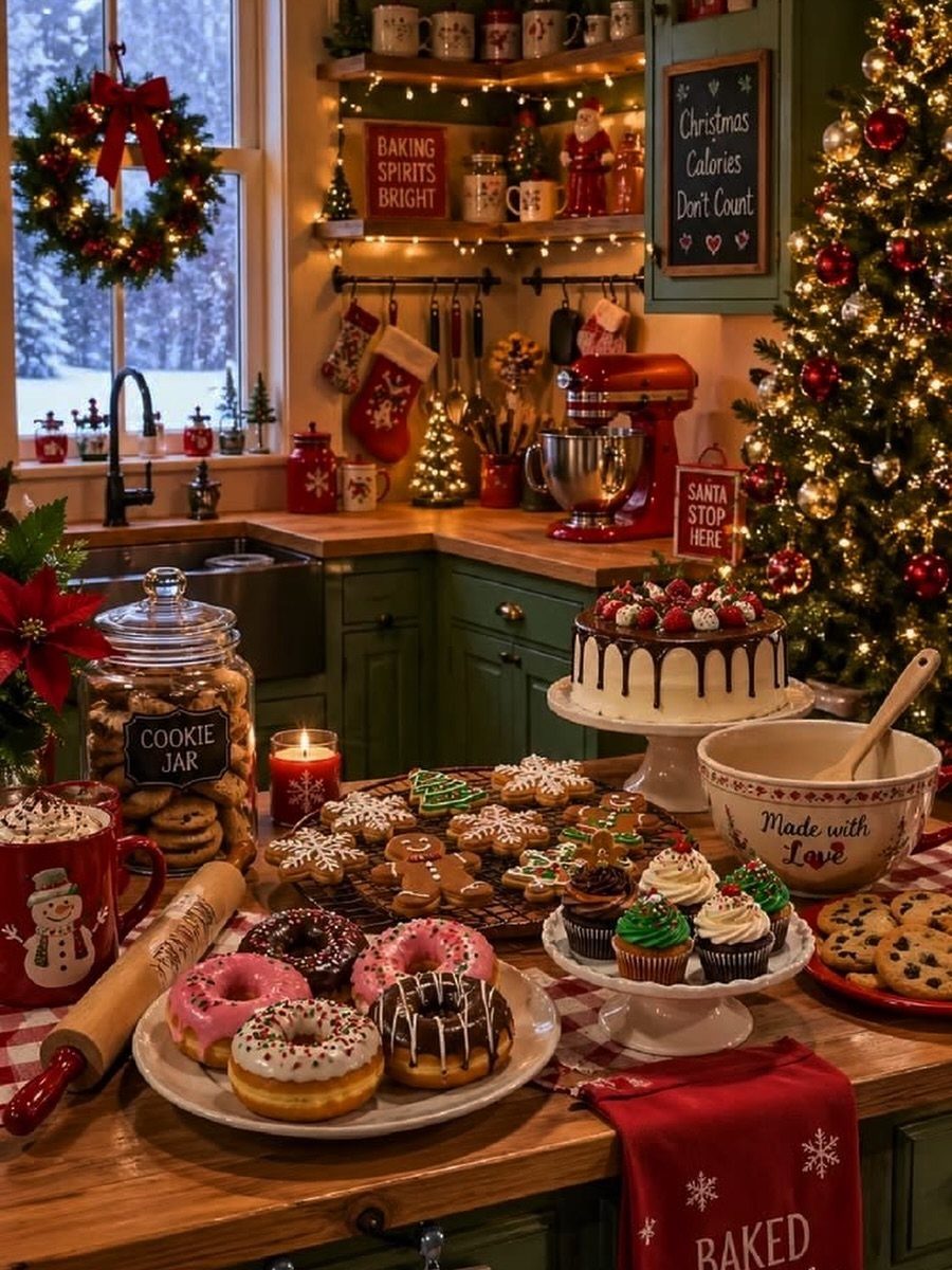 29 New Ideas for Christmas Decorating to Try in 2026 15 Festive dessert spread with cake, donuts, and cookies on a decorated kitchen counter.