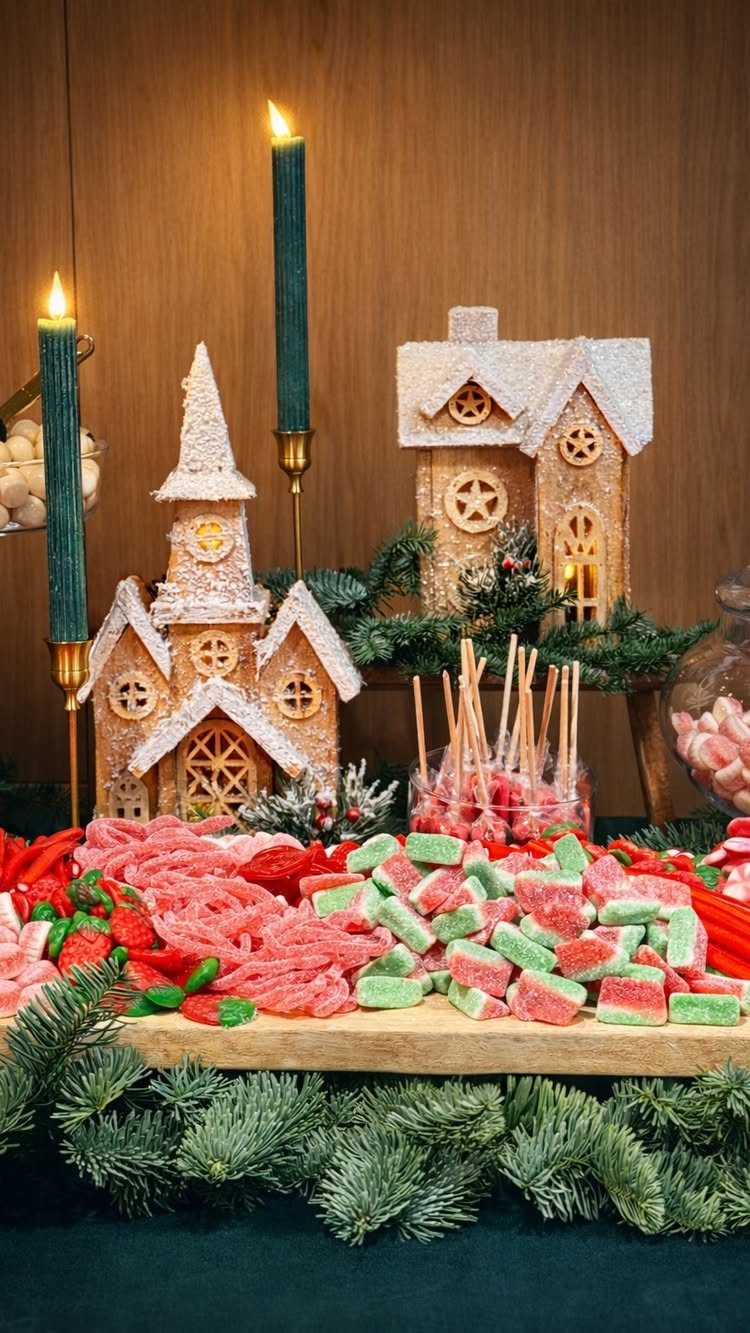 29 New Ideas for Christmas Decorating to Try in 2026 5 Gingerbread houses and colorful candies arranged with pine branches and lit green candles.