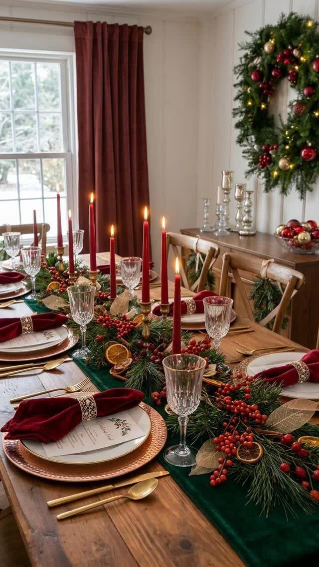 29 New Ideas for Christmas Decorating to Try in 2026 23 Christmas dining table with red candles, green velvet runner, and berry garlands.