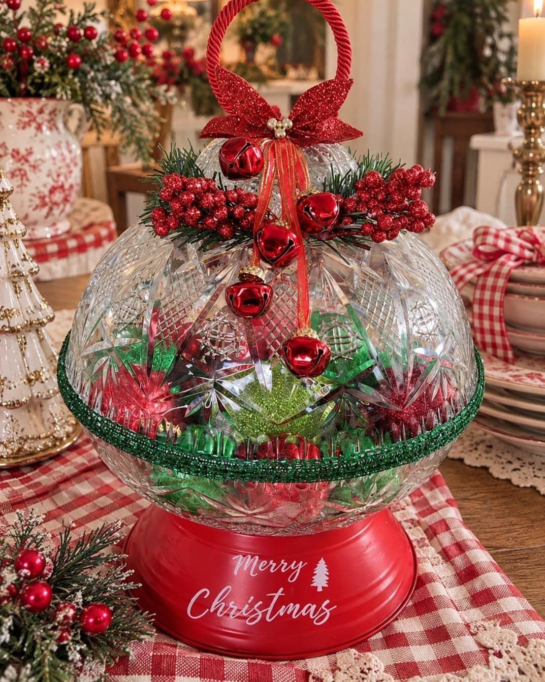29 New Ideas for Christmas Decorating to Try in 2026 3 Glass bowl filled with red and green ornaments on a red Christmas base.