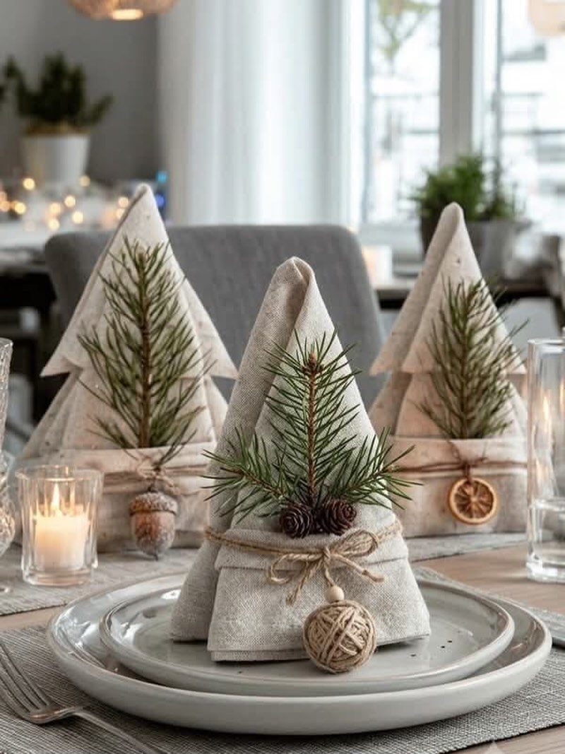 29 New Ideas for Christmas Decorating to Try in 2026 7 Folded linen napkins as Christmas trees with pinecones and dried orange slices.