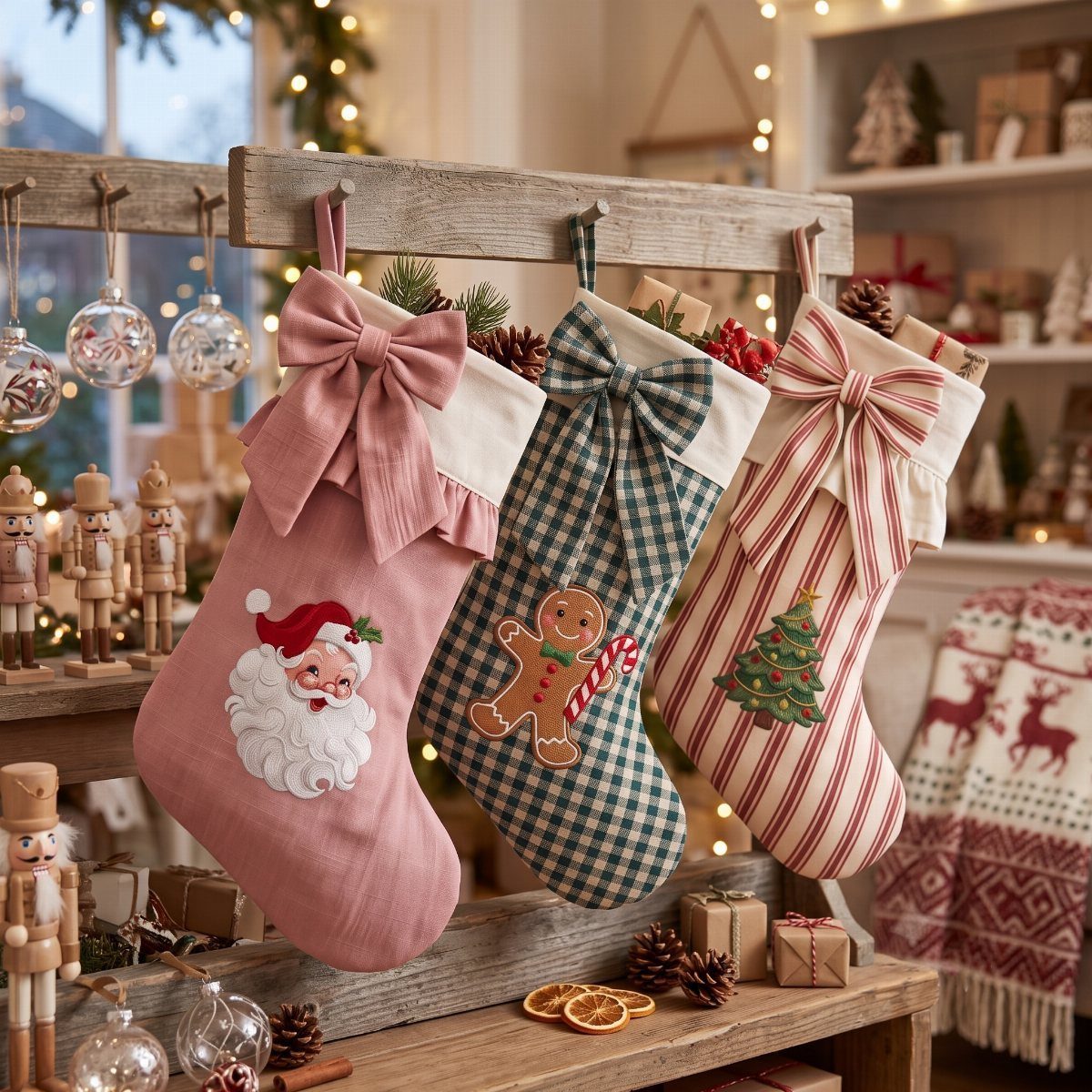 29 New Ideas for Christmas Decorating to Try in 2026 29 Three festive Christmas stockings with bows hanging from a rustic wooden beam.
