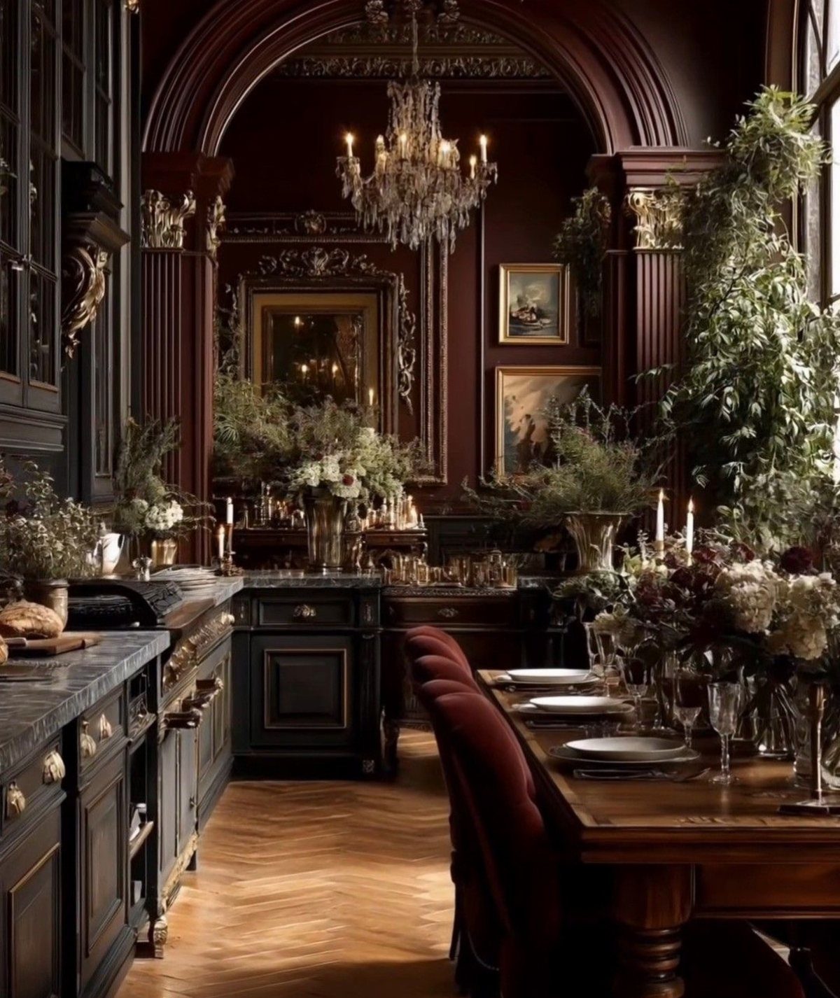 9 Old Money Dining Room Ideas for Timeless Elegance 1 Opulent dining room with red walls, crystal chandelier, and layered textures and materials.