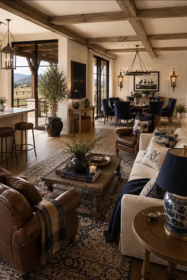 9 Old Money Dining Room Ideas for Timeless Elegance 9 Rustic living and dining room blending traditional old money style with contemporary farmhouse elements.