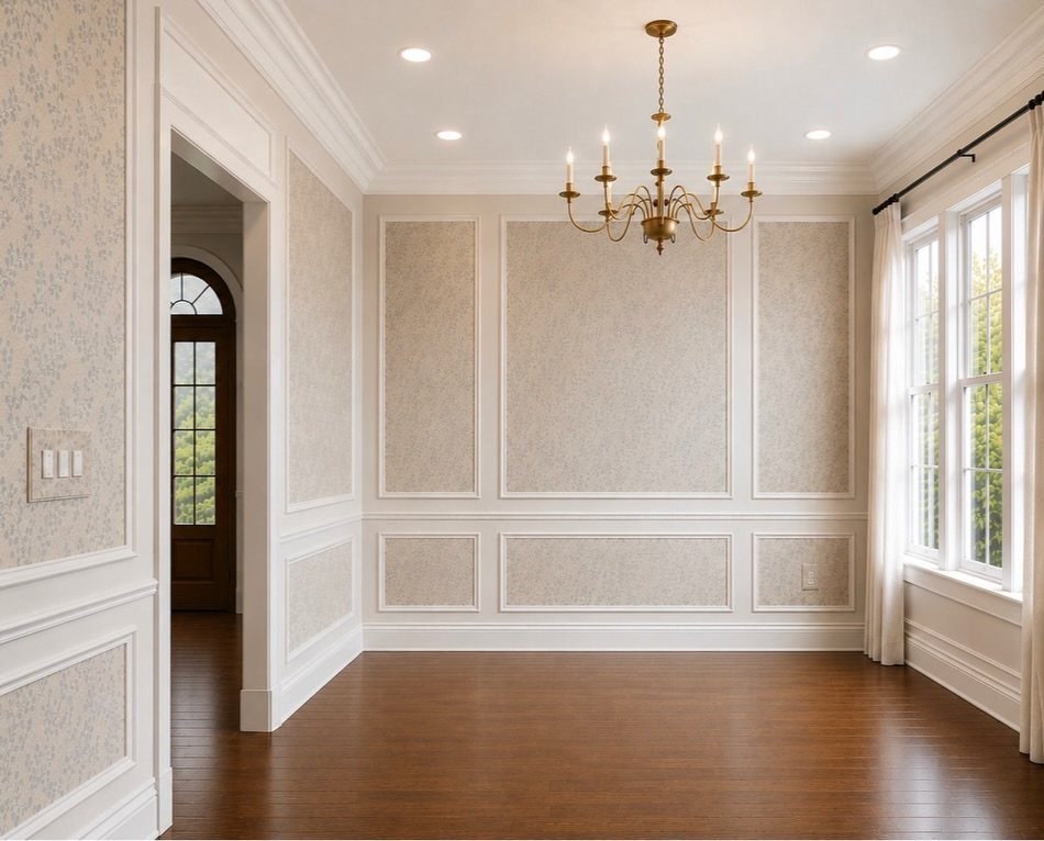 9 Old Money Dining Room Ideas for Timeless Elegance 7 Beige patterned wallpaper inside white wall panels in a room with gold chandelier.