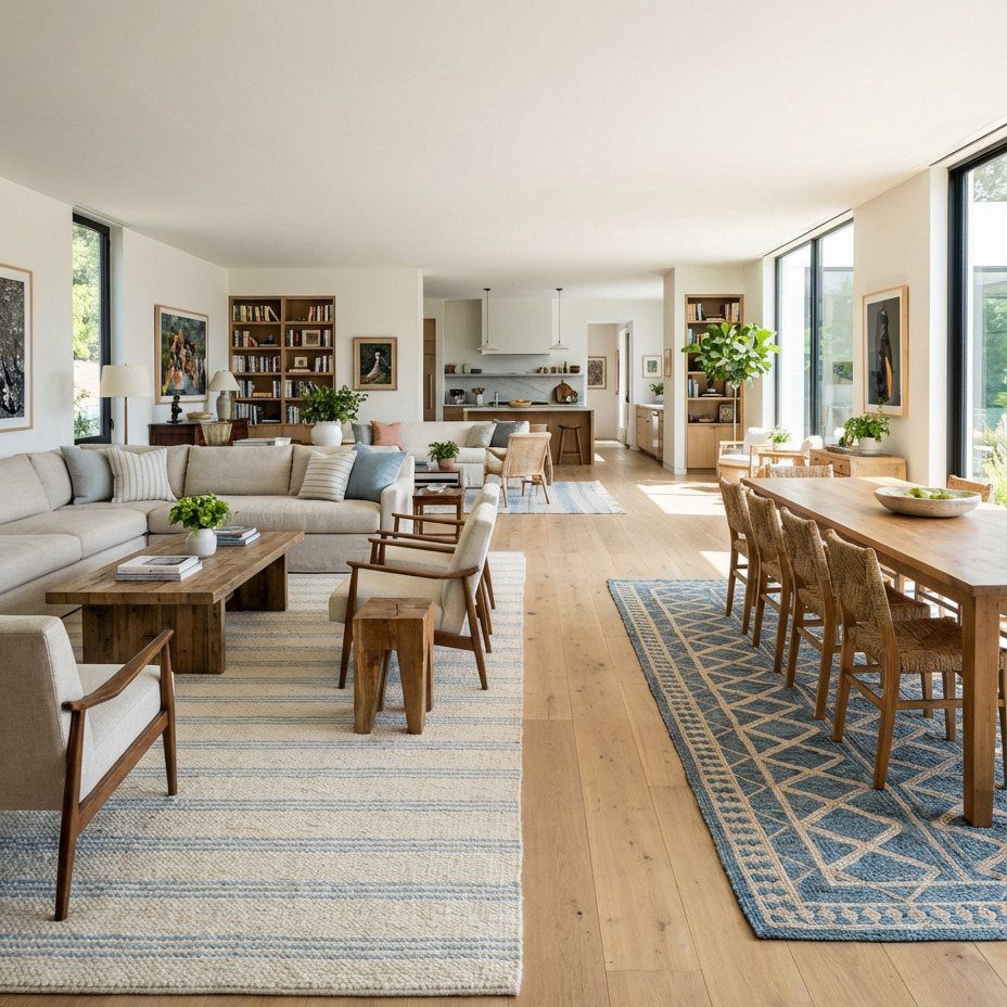 13 Open Concept Dining Room Ideas with Photos 13 Blue patterned area rug under a long wooden dining table in open room
